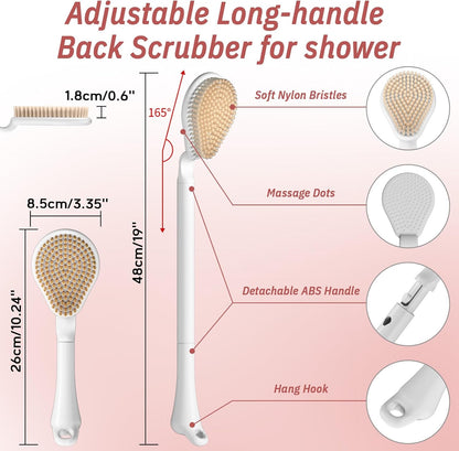 Back Scrubber for Shower, 19’’ Detachable Long Handle Shower Body Scrubber for Wet or Dry Brush, Adjustable 2-in-1 Back & Body Brush with Medium Soft Bristles for Deep Cleaning(Pink)