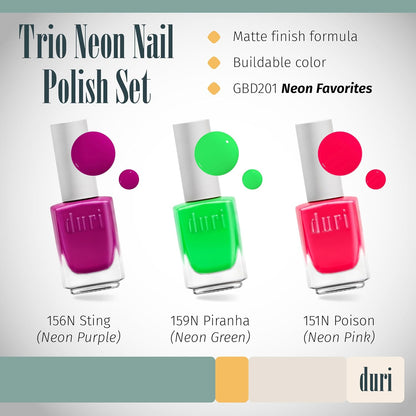 duri Trio Neon Nail Polish Set - GBD201 Neon Favorites, Matte Finish, Quick Drying, 0.45 Fl Oz each