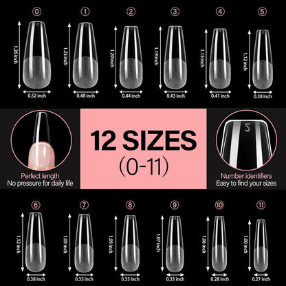 AILLSA Long Coffin Nail Tips Half Matte Full Cover Nails Tips Clear Acrylic Pre-Shaped Tips Flase Press on Nail Tips for Extentions Nails Manicure Salon DIY 216PCS 12 Sizes