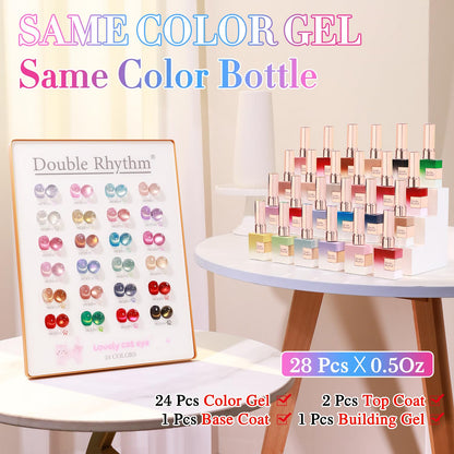 Double Rhythm 28Pcs 0.5Oz Cat Eye Gel Nail Polish Set Same Color Same Bottle Soak Off Magnetic Gel Polish Kit Nail Art Manicure Salon DIY at Home (Silver Gold Red Black-T24-7)
