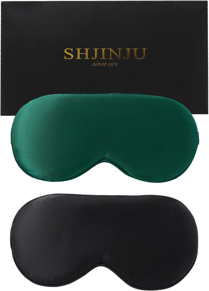 2-Pack 100% Real Natural Silk Eye Mask, Silk Sleeping Mask, Shade Puffy Eye Gift with Adjustable Straps, Sleep Eye Mask, SHJINJU Eye Mask Shade (Black and Dark Green)