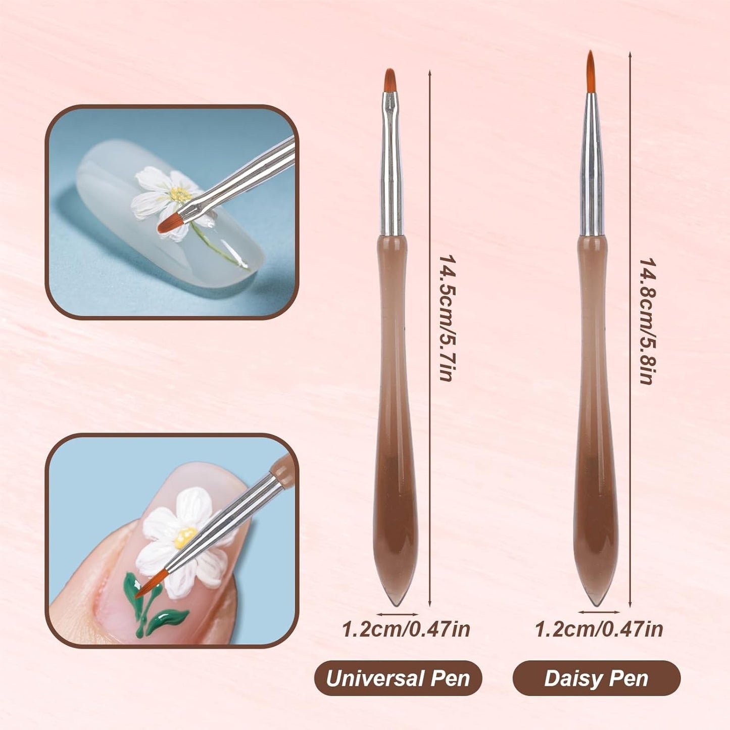 2pcs Nail Design Brushes, Professional Versatile Nail Drawing Pens Acrylic Paint Brushes Tools for Painting Flowers Leaves Petals Fine Line and Intricate Art Designs