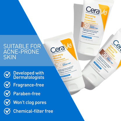 CeraVe Hydrating Mineral Sunscreen SPF 30 with Sheer Tint, Tinted Mineral Sunscreen with Zinc Oxide & Titanium Dioxide, Blends Seamlessly For Healthy Glow, Deep, 1.7 Oz