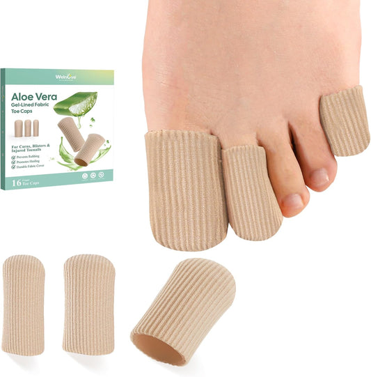 Welnove Toe Caps and Protectors - 16 Pack Aloe Vera Extract Infused Silicone Toe Sleeve - Fabric Toe Covers with Gel Lining - Toe Cushions for Pain Relief, Corns, Blisters & Ingrown Toenails