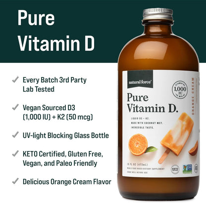 Natural Force Pure Vitamin D – Liquid D3 & K2 with Coconut MCT –1,000 IU, Immunity & Nutrient Absorption Booster- Vegan - Orange Cream, 16 fl oz