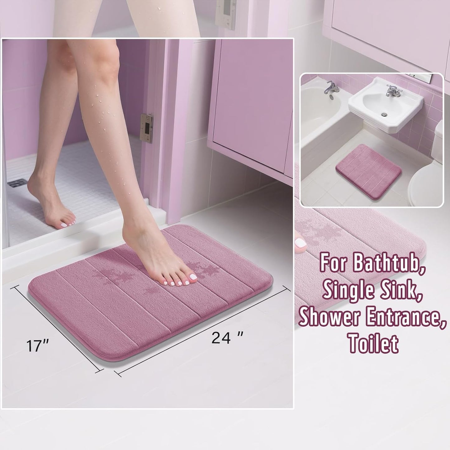 Yimobra Memory Foam Bath Mat, Super Soft Absorbent Bathroom Rug Non Slip 24x17 Inch, Quick Dry, Machine Washable Floor Carpet for Tub Shower, Home Decor Accessories, Mauve