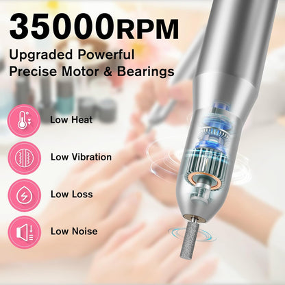 Electric Nail Drill, 35000RPM Nail Drill, Professional Rechargeable Nail File for Acrylic Nails Gel Polishing Removing,Efile Nail Kit for Manicure Salon Home