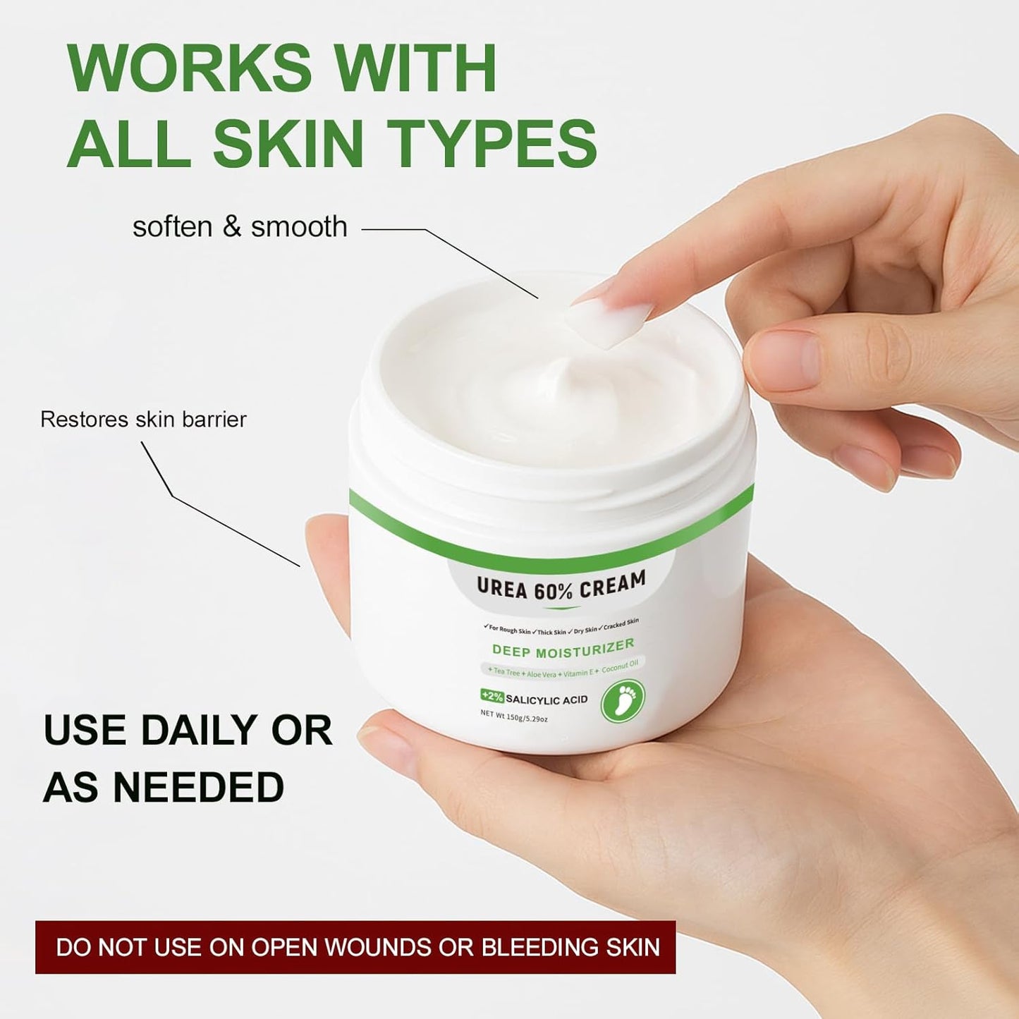 Urea Cream 60 Percent For Feet Maximum Strength Plus Salicylic Acid 2%, Tea Tree Foot Lotion For Dry Feetcracked Heels Treatment Athletes Foot Cream Intensive Repair Foot Moisturizer Care 5.29oz