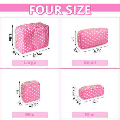 Large Makeup Bag Pouch, Nylon Women Travel Toiletry Storage Bag Preppy Cosmetic Bag for Girls, Big Makeup Organizer Bag Cute Zipper Pouch Skincare Bag for Sport School Work Gift(Large-Pink Heart)
