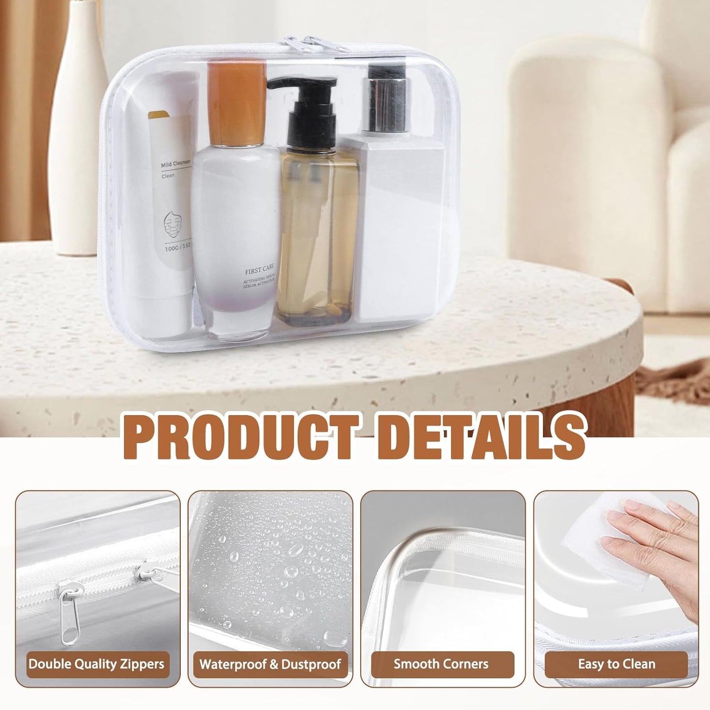 Clear Hard Shell Zipper Case 3 PCS Clear Cosmetic Make up Bag Waterproof Travel Toiletry Bag for Women, Hard Plastic Zipper Pouches Portable Travel Storage Organizer Bins (White, 14"x12"x2")