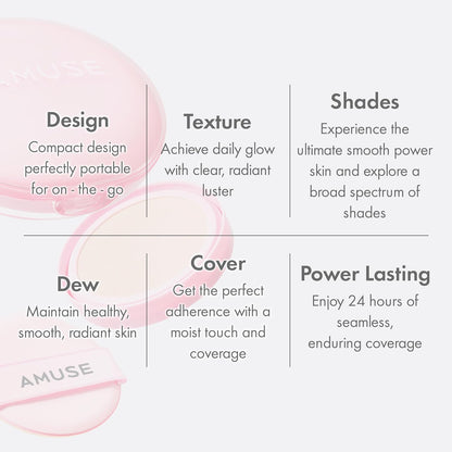 Amuse SEOUL DEW POWER VEGAN CUSHION FOUNDATION | Dewy, glow, long-lasting, double coverage, clean beauty, lightweight, natural look, foundation for sensitive skin, hydrating cushion (1.5 NATURAL)