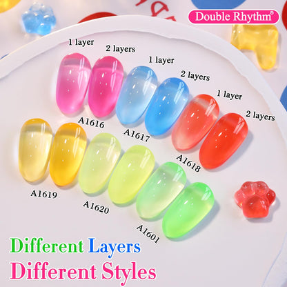 Double Rhythm 6 Pcs 15 ML Gel Polish Set Same Color Same Bottle Soak Off Gel Polish Kit Nail Art Manicure Salon DIY at Home for Women (Jelly Neon Pink Blue Red Green-T6-26)