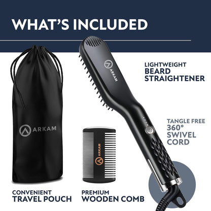 Arkam Beard Straightener for Men - Original Heated Beard Brush Kit w/Anti-Scald Feature, Dual Action Hair Comb and Travel Bag for Short to Medium Beards -Costume Accessories and Grooming Gifts for Men