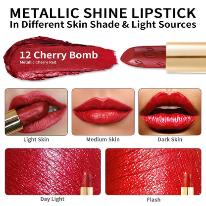 Oulac Red Lipstick Christmas Gifts for Women - Metallic 3D Shine Lightweight Hydrating Formula, High Impact Lip Color, Full Coverage Lip Makeup, Cherry Bomb(12)