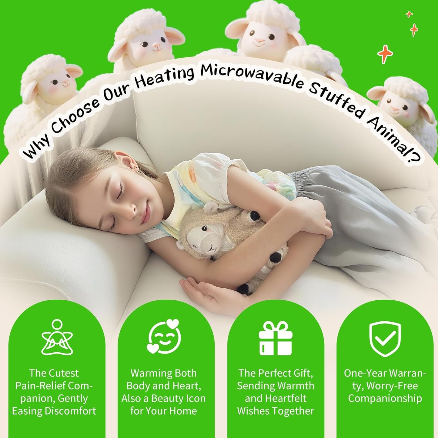 UNCN Weighted Lamb Microwavable Stuffed Animal, Heating Pad for Cramps Abdomen Back Pain Relief, Soft Heatable Plush with Removable and Washable Cover, Portable Gift for Kids & Adults Unscented