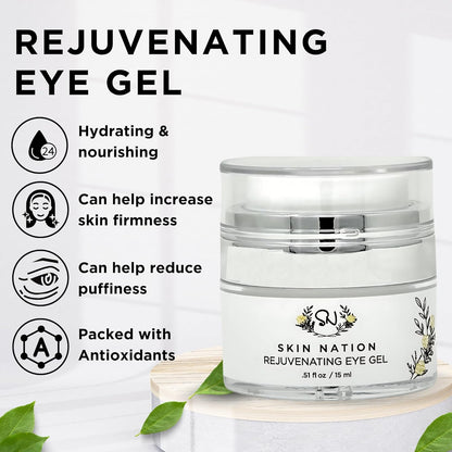 Skin Nation Rejuvenating Eye Gel, Super Hydrating with Peptides, Hyaluronic Acid and Green Tea, Lightweight Plant Based Under Eye Cream for Puffiness, Dark Circles and Smooth Skin, 0.51 oz