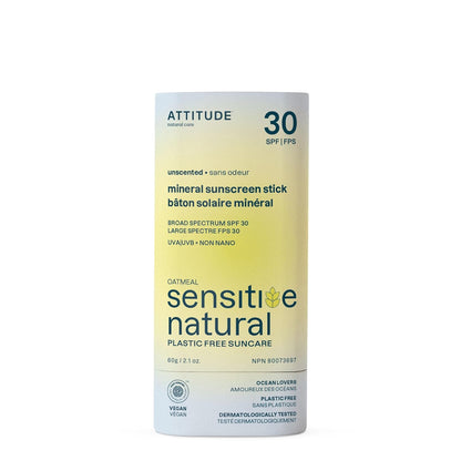 ATTITUDE Mineral Sunscreen Stick for Sensitive Skin, SPF 30, EWG Verified, Plastic-Free, Broad Spectrum UVA/UVB Protection with Zinc Oxide, Dermatologically Tested, Vegan, Unscented, 2.1 Ounces