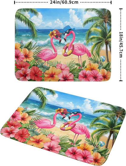 Summer Flamingos Dish Drying Mat 18x24 inch Tropical Beach Microfiber Washable Dish Rack Mats Drainer Pad for Counter Kitchen Table Decor