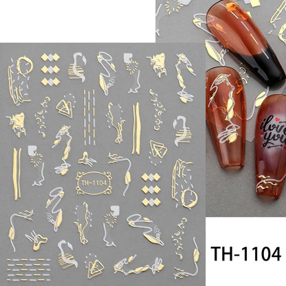 9 Sheets Marble Nail Stickers Flower Nail Art Stickers 3D Self-Adhesive Silver Gold Nail Decals Abstract Leaf Line Nail Designs for Women Nail Art Supplies Decoration, Style-a