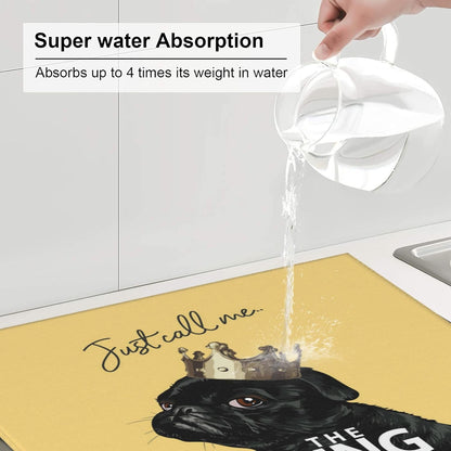 Funny Bulldog Dish Drying Mat for Kitchen Counter Washable Absorbent Reversible Microfiber Cute Dog Drying Pad Kitchen Accessories 16x18 Inch Yellow