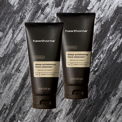 Hawthorne Men's Deep Exfoliating Charcoal Face Wash Cleanser For Normal to Oily Skin. Eliminate Dirt, Grease, and Grime. Natural Ingredients, Vegan, Sulfate Free. 2-Pack, 4 Fl. Oz. Each