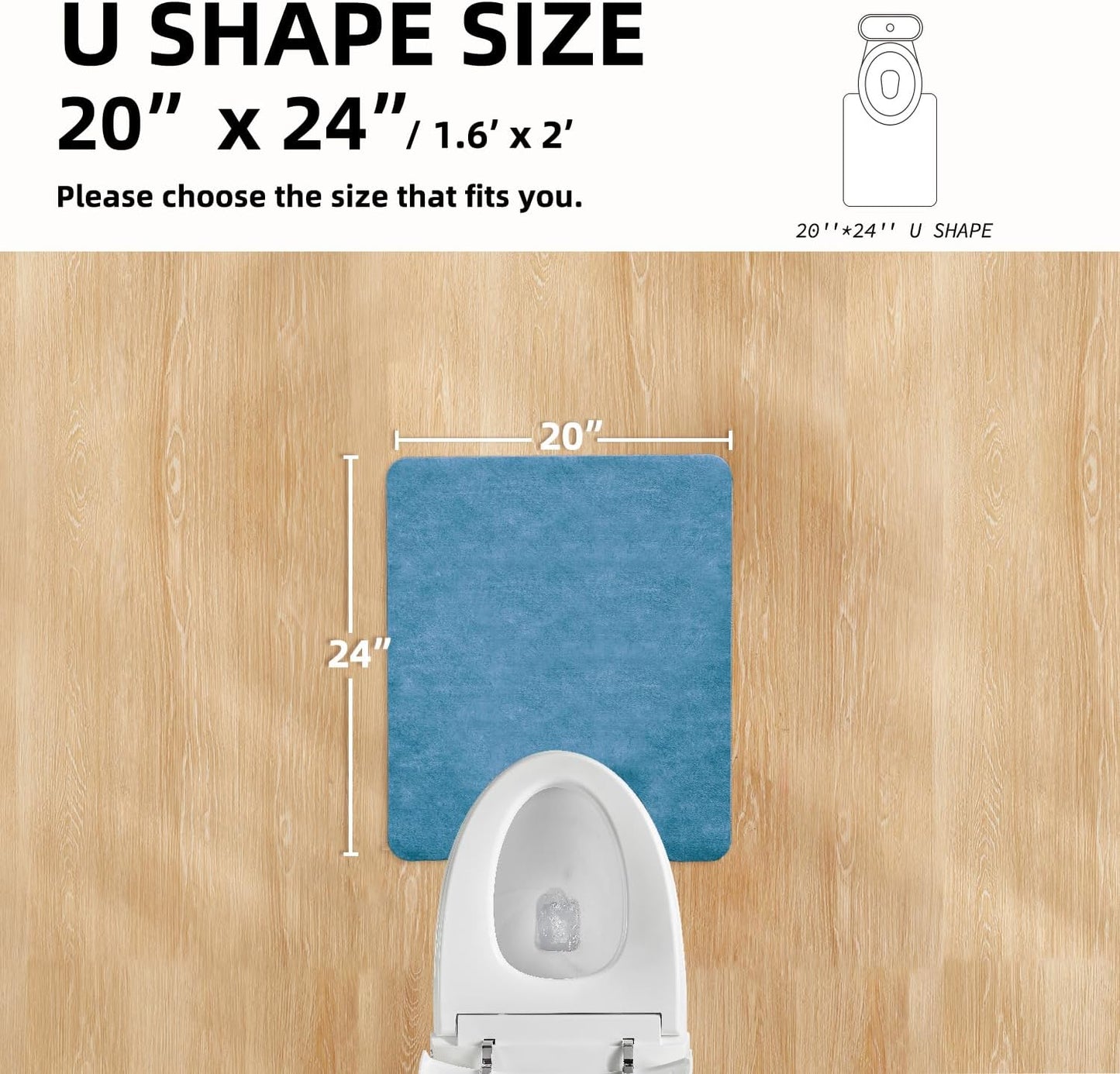 Toilet Rug, Thin Toilet Rugs U Shaped Washable Non Slip Absorbent Quick Dry Low Pile Toilet Mat, 20"x24" U Shape Denim Blue