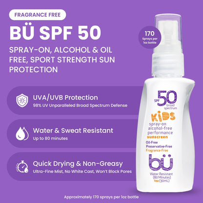 BU SPF 50 Fragrance Free Kids Sunscreen Spray for Face and Body, TSA Travel Size Sunscreen, Clear Non Aeorsol Spray, Non Greasy, Water Resistant and Oil Free, 1 oz (4-pack)