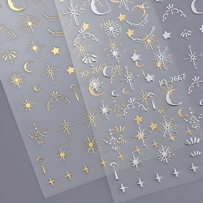 12 Sheets Silver Gold Moon Star Nail Art Stickers - 3D Self Adhesive Decals for Design and Decoration - Supplies Accessories for Women