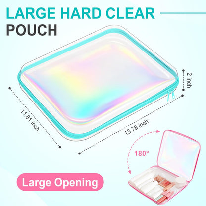Sanwuta 6 Pcs Clear Hard Zipper Case Pencil Pouches Hard Plastic Zipper Pouches Makeup Bag Transparent Cases for Snacks Plastic Storage Organizer Box for Travel(Holographic,13.78 x 11.81 x 2 Inch)