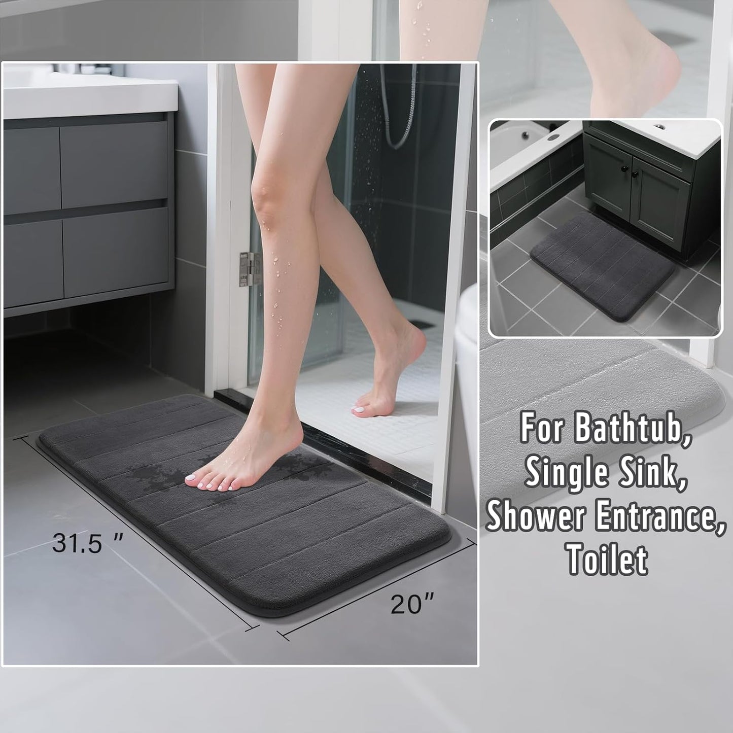 Yimobra Memory Foam Bath Mat, Super Soft Absorbent Bathroom Rug Non Slip 31.5x20 Inch, Quick Dry, Machine Washable Floor Carpet for Tub Shower, Home Decor Accessories, Dark Gray