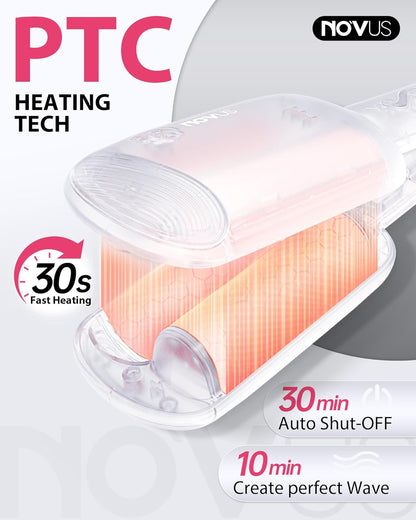 NOVUS Waver Curling Iron, Beach Waves Curling Wand, Ionic Hair Waver with Anti-Scald Hair Crimper, Easy to Use, 2 Barrel Hair Crimper for All Hair Types Women, Pink, 1.25 Inch