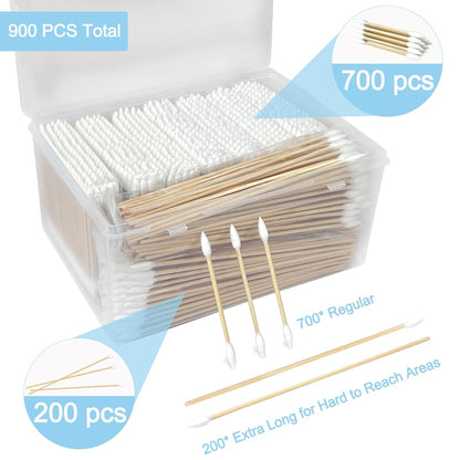 900 Pcs Precision Tip Cotton Swabs with Sturdy Bamboo Sticks, 700 Pcs Double Pointed Tip Cotton Swabs & 200 Pcs Long Cotton Swabs for Makeup, Nails, Crafts, Gun Cleaning