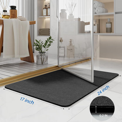 Diatomaceous Earth Bath Mat - 24x17, Quick Dry Absorbing Rubber Non Slip Thin Bathroom Rug, Fit Under Door, For Bathroom Floor, Tub, Shower, Sink, Dark Grey