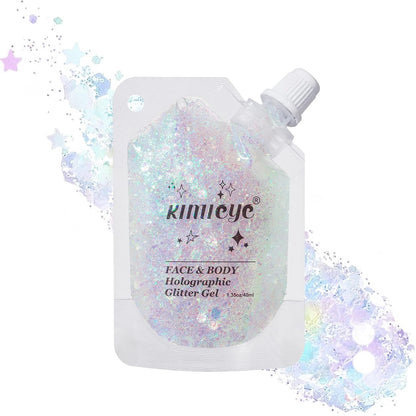 Holographic Face Glitter Gel Body Shimmer Makeup for for Hair, Face, Clavicle, Arm, Nail, Eyeshadow, Long Lasting Waterproof Mermaid Sequins Party Glitter for Rave Festival, 1.35oz (Laser White #9)