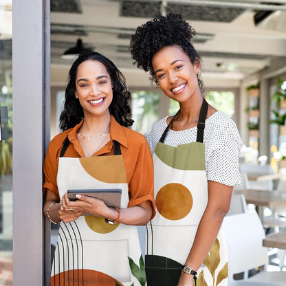 Britimes 2 Pack Aprons, Boho Mid Century Sun Adjustable Bib Aprons with 2 Pockets for Women Men Couple Lovers Chef Home Kitchen Cooking Baking Gardening Orange Green Apron 32x28 Inches