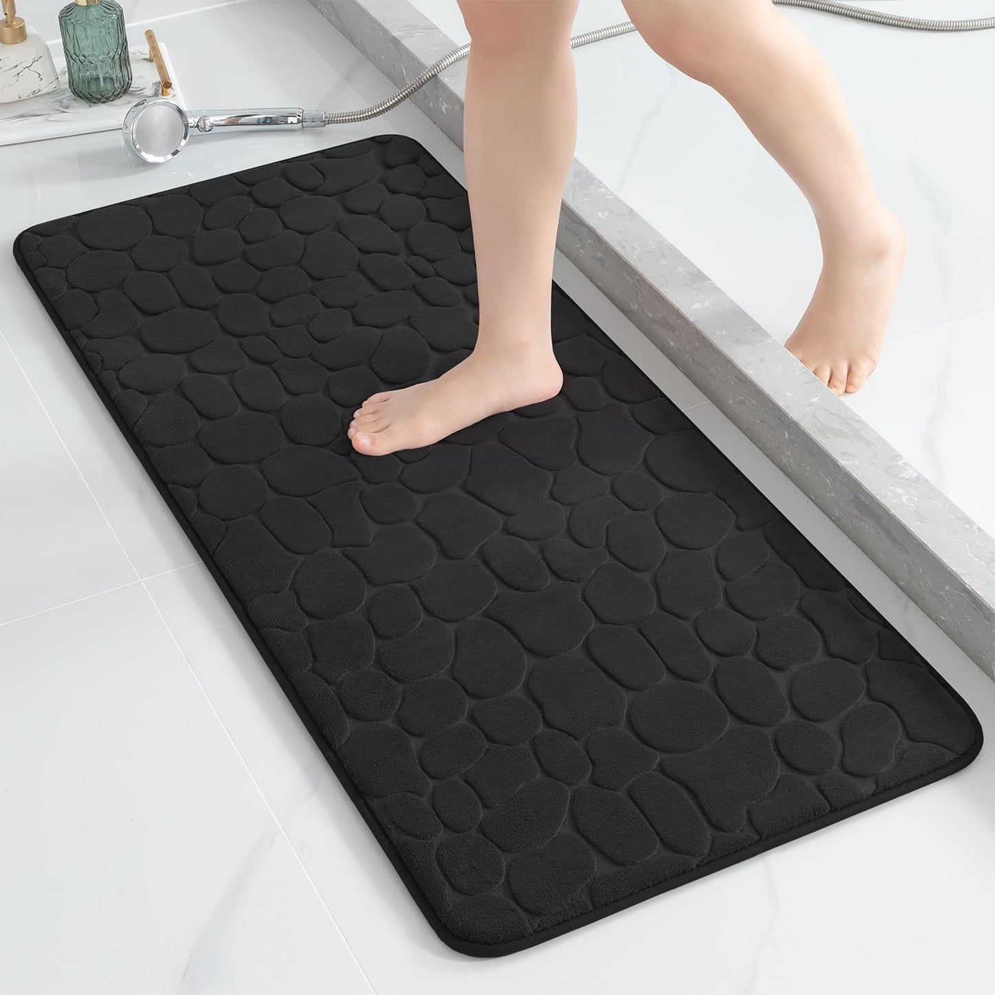 YIHOUSE Memory Foam Runner Rug, Cobblestone Bathroom Runner Rugs Super Water Absorbent Bath Mats for Bathroom Machine Washable Bath Rugs Runner for Hallway Bedroom Laundry Room(20 x 47,Black)
