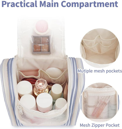 Narwey Small Striped Hanging Travel Toiletry Bag for Women, Travel Bag for Toiletries, Makeup Bag Organizer Cosmetic Bags Make Up Bags for Women (Greyish Blue Stripe)