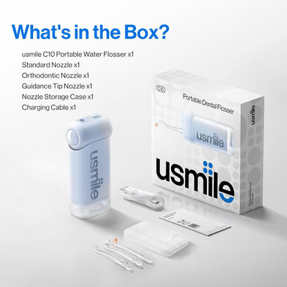 usmile C10 Portable Water Flosser – Travel-Friendly, 95-Day Battery, 4 Modes, 360° Nozzle, 180ml Tank, IPX7 Waterproof, Dentist-Recommended for Braces, Implants & Sensitive Gums (Blue)