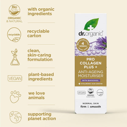Dr. Organic Pro Collagen Plus + Anti-Ageing Moisturiser with Bakuchiol | Firm & Smooth Skin, Reduces Wrinkles, (Normal Skin) Natural, Certified Organic, Paraben & SLS-Free, 50 mL / 1.7 fl oz