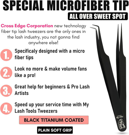 2Pcs Fiber Tip Lash Tweezers for Eyelash Extensions and Straight Isolation Tweezer Set – Professional Precision Fan Making, Mega Volume Boot Lashing, Classic & Mink Eyelashes, Black