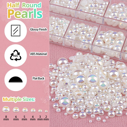 Colorful Flatback Face Gems and Beige AB Pearls for Makeup with Quick Dry Glue, Half Round Pearls Nail Art Rhinestones Glass Crystal Beads for Make-up Deco with Pickup Pencil + Tweezer