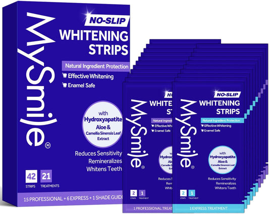 MySmile Teeth Whitening Strips 21 Treatments Kit, Hydroxyapatite-Infuse White Strips, Non-Sensitive Teeth Whitening with Soothing Natural Ingredients, Enamel-Safe, Residue-Free, Non-Slip(42 Count)