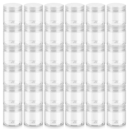 36 Pack 2 OZ Plastic Jars with Lids, BPA Free, Reusable, Refillable Transparent Cosmetic Containers for Bath Salts, Cosmetics, Powders, Beauty Product and Small Accessories - White