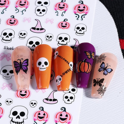 Halloween Nail Art Stickers Ghost Nail Decals 3D Horror Ghost Skull Spider Web Bat Pumpkin Butterfly Self-Adhesive Decals Designs Halloween Nail Supplies for Women Manicure Holiday Decorations 6Sheets