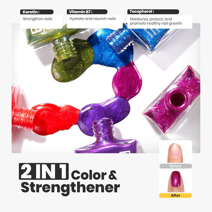 Beetles Glitter Nail Polish Set 7Pcs, Fast Drying & Long Lasting Red Blue Green Nail Polish with 2 IN 1 Base & Top Coat and Cuticle Serum 20ml, All-in-One Care 4th of July Nails Kit Gift Sets