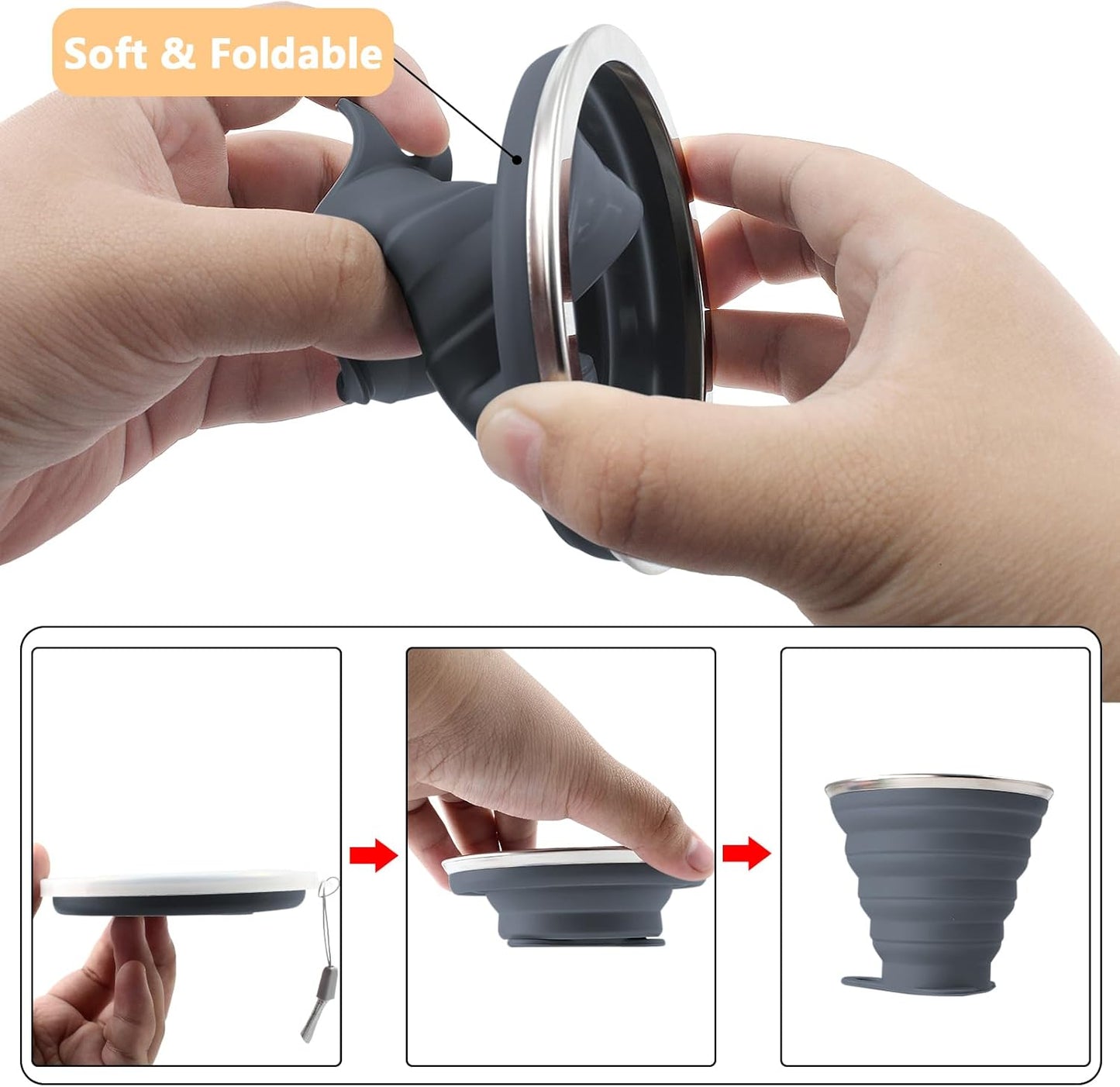 Litoexpe 4 Pack Silicone Collapsible Travel Cup Portable Folding Camping Cup Sets with Lids, Dark Gray & Pink & Navy Blue &Teal, Capacity 9.22oz (270ml)