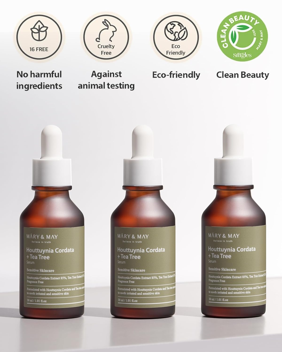 Mary&May Houttuynia Cordata + Tea Tree Serum - Effective Pore Clearing and Acne Treatment Face Serum - Non-Sticky Formula for Improved Skin Barrier and Calm Skin - Fragrance Free, 1.01 fl.oz.