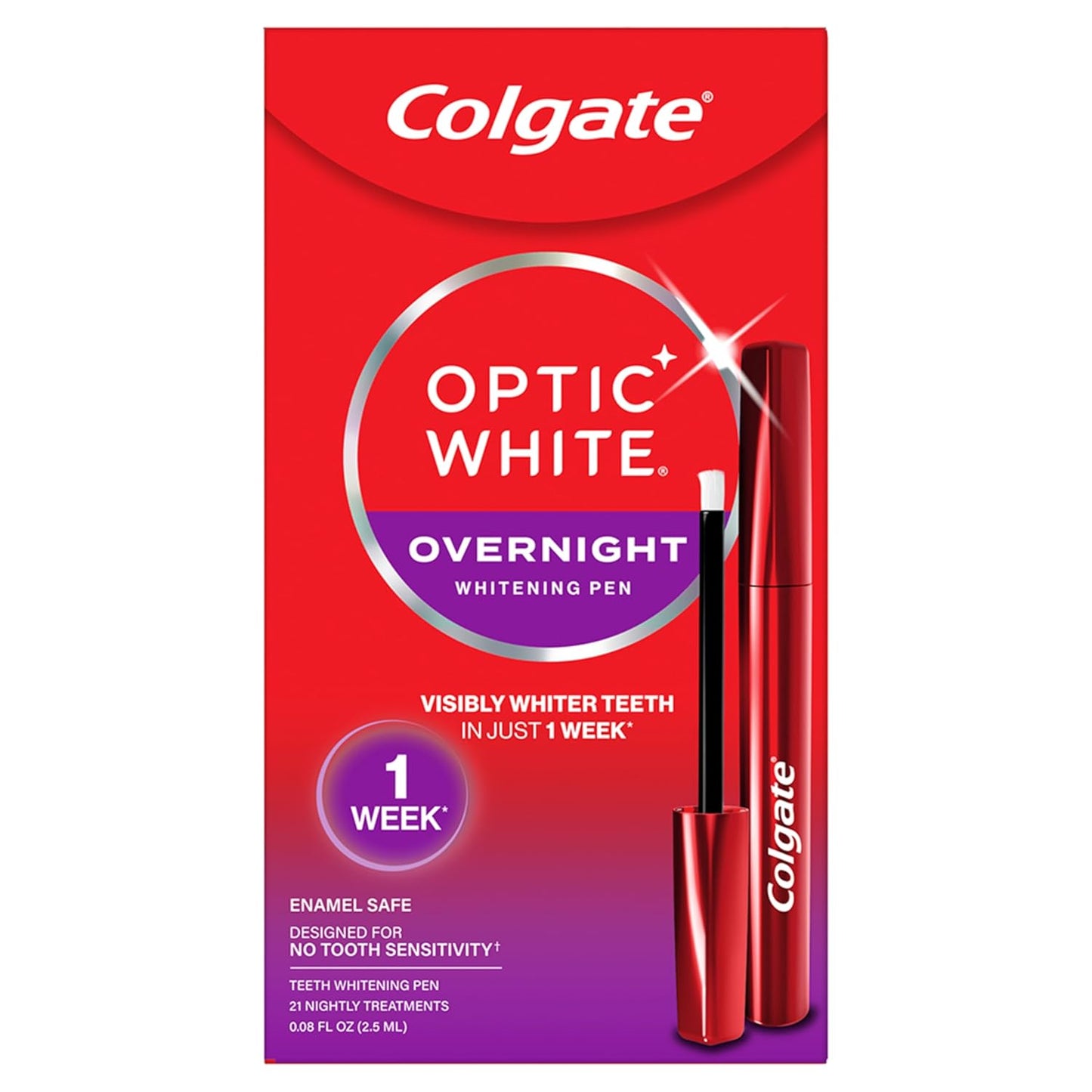 Colgate Optic White Overnight Teeth Whitening Pen, Hydrogen Peroxide Teeth Whitening Pen, Visibly Whiter Teeth in Just 1 Week When Used as Directed, 21 Whitening Treatments, 0.08 fl oz