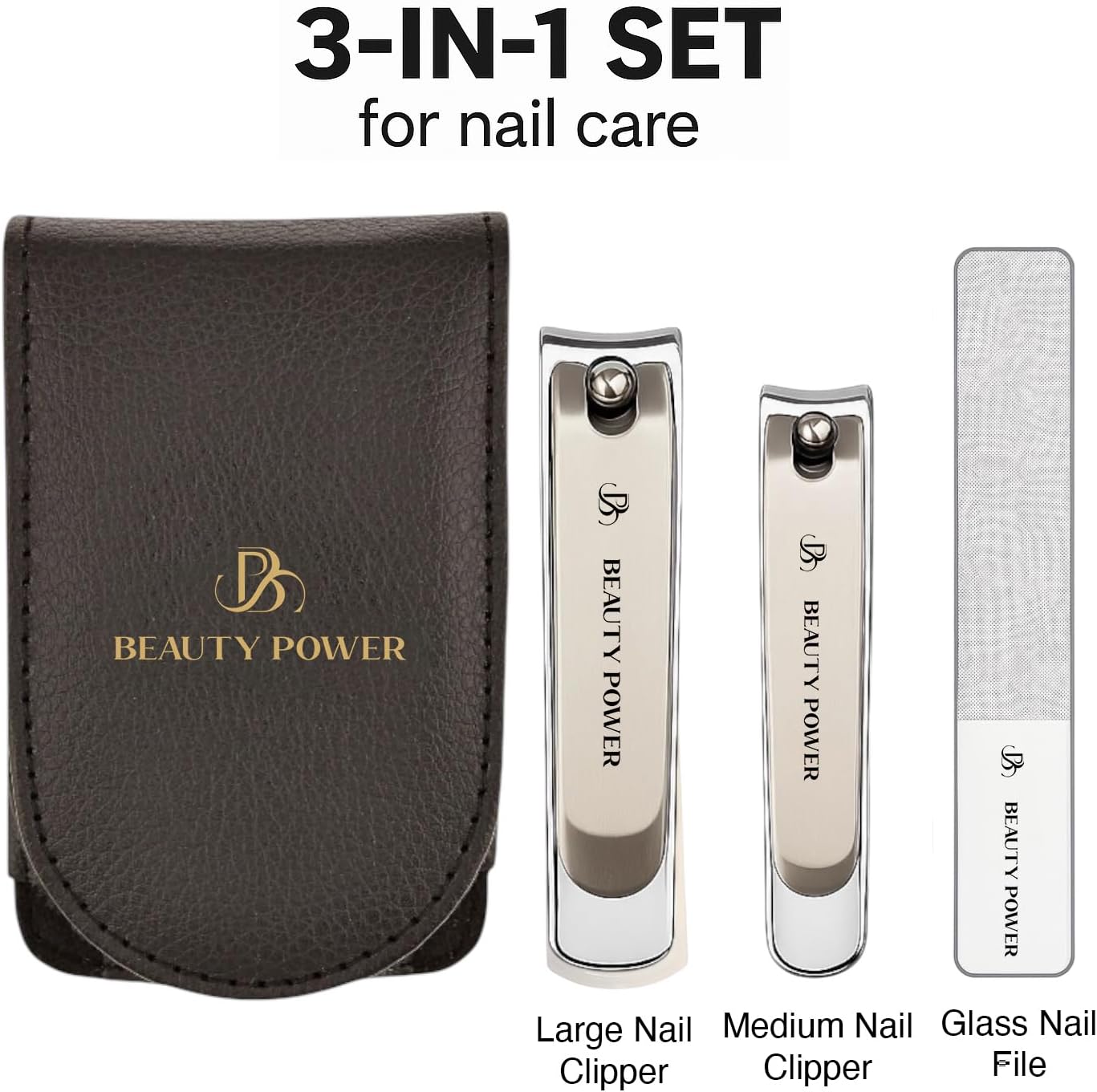 Nail Clippers Set 3 in 1 - Stainless Steel Toe Nail Clippers, Fingernail Clipper, Glass Nail File, Anti Splash, Ergonomic Grip in PU Leather Travel Case for Men & Women (Black Case)