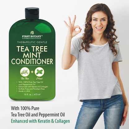 First Botany Tea Tree Mint Shampoo & Conditioner for Men & Women - Pure Tea Tree & Peppermint Oil - Fights Hair Loss, Dandruff, Lice & Itchy Scalp, Promotes Hair Growth - Sulfate Free - 16 Fl Oz x 2